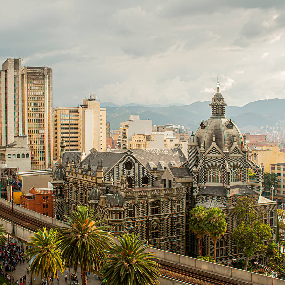 Panoramic view of Medellin downtown and Metro Station